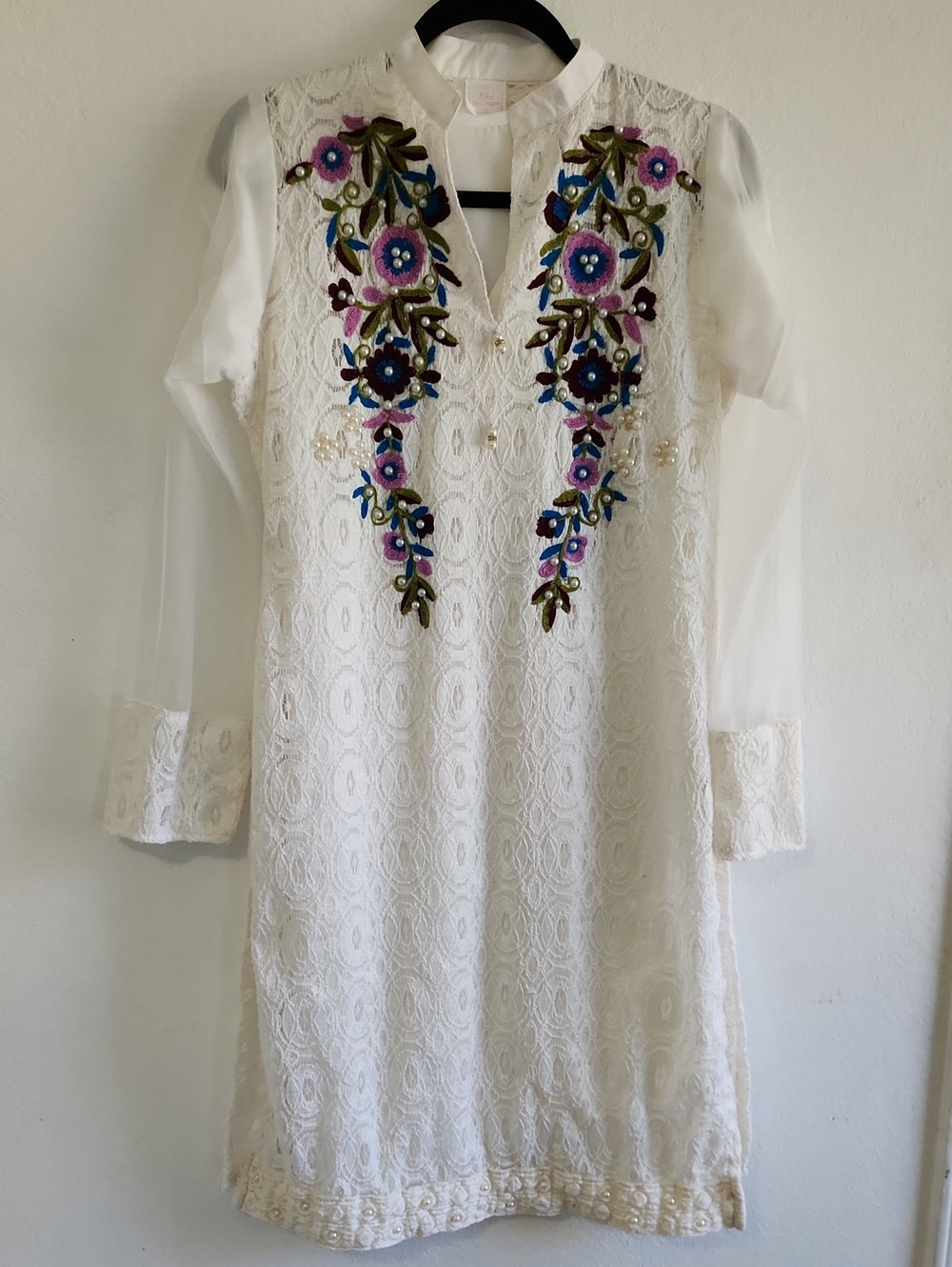 BohoWhite Embroidered Sheer Lace Tunic Kurti Top Size M